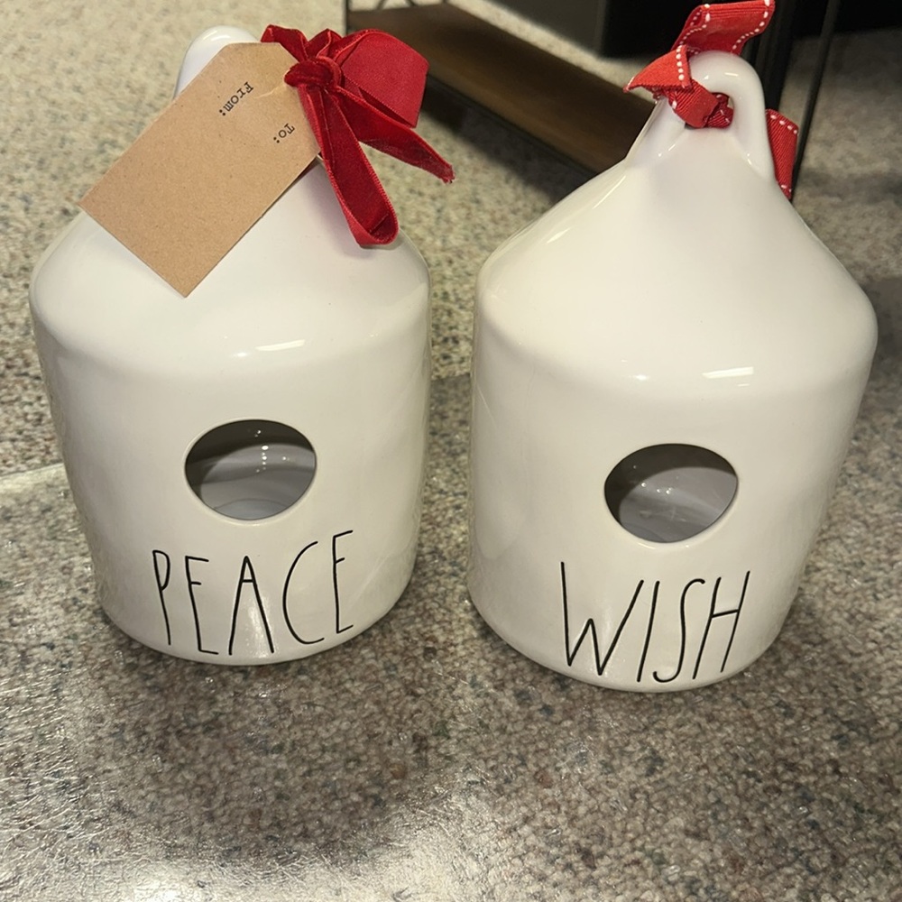 Rae Dunn White Ceramic Birdhouses with Red Ribbon peace wish NWT